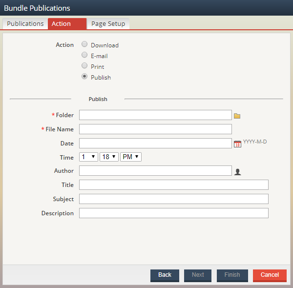 Screenshot of the Action tab of the Bundle Publications Wizard with the Publish option selected.